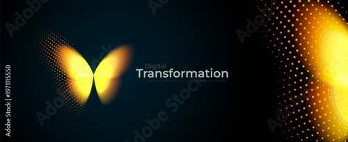 AI Technology Science Research Abstract Digital Transformation Symbol, Digital Neon Glowing Halftone Butterfly Robot Abstract Logo Icon. Innovate Scientific Complex Researching. Vector Illustration