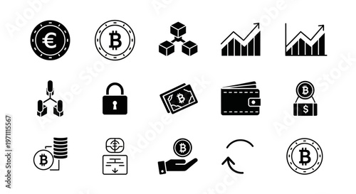 Cryptocurrency and Blockchain Finance Icons Set. Digital Money, Bitcoin, Investment, Security, and Technology Symbols Collection.