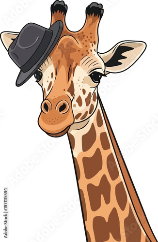 A cartoon giraffe wearing a black bowler hat on a white background