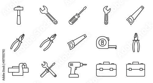Set of line art tool icons including hammer, wrench, screwdriver, saw, pliers, drill, and tape measure. Repair, construction, DIY concept.