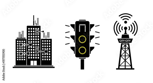 Smart City Vector Icons: Urban Technology, Communication, Infrastructure, Buildings, Traffic Light Symbols