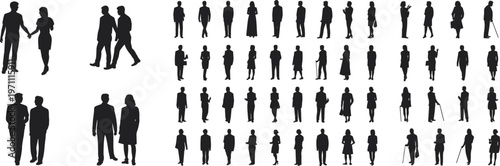 Black Silhouette People, Diverse Men and Women Standing in Groups, Walking Couples, Business Figures, Professional Human Silhouettes for Vector Design, Isolated