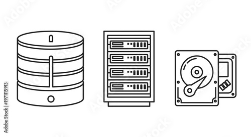Data Storage Icons: Vector Line Art of Database, Server Rack, and Hard Drives for Technology and IT Concepts