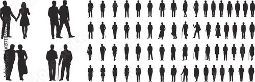 Black Silhouette People, Diverse Men and Women Standing in Groups, Walking Couples, Business Figures, Professional Human Silhouettes for Vector Design, Isolated