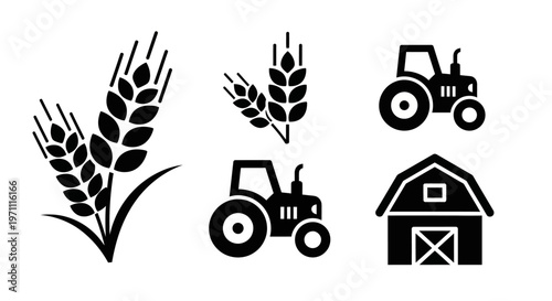 Wheat, Tractor, and Barn Silhouettes: Agriculture and Farming Vector Icons Set