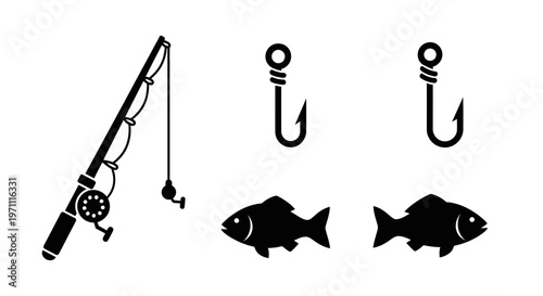 Fishing sport equipment icons set: rod, reel, hooks, and fish silhouettes. Outdoor recreation hobby graphic elements.