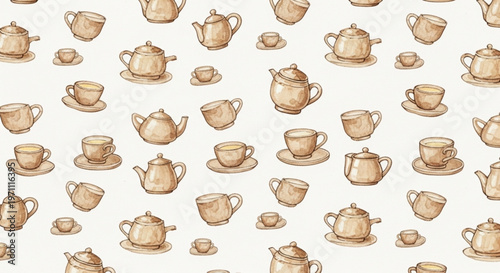 Brown teapot, tea cup, saucer seamless pattern, ceramic kitchenware, watercolor texture