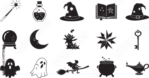 Magic wizard icons set, 15 black silhouette fantasy elements, mystical witchcraft symbols for Halloween, occult spell vector collection