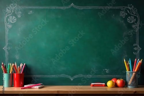 A classic blackboard with colorful chalk drawings and school supplies for a nostalgic blackboard schooling concept, traditional, writing