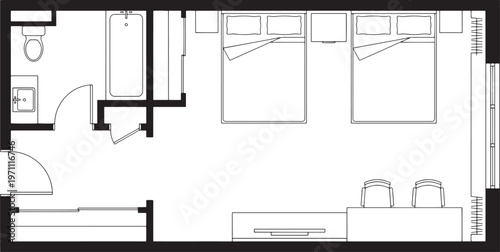 A detailed floor plan of a well-appointed hotel room, offering a comprehensive view of the layout.