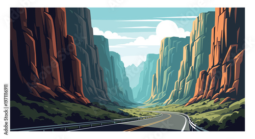 Scenic paved road winding through a massive rocky canyon with towering red cliffs under a bright sky and large white clouds.