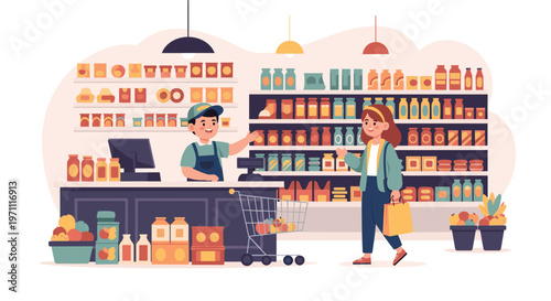 Young girl buying groceries at a well-stocked shop while a friendly male clerk stands behind the counter to assist her.