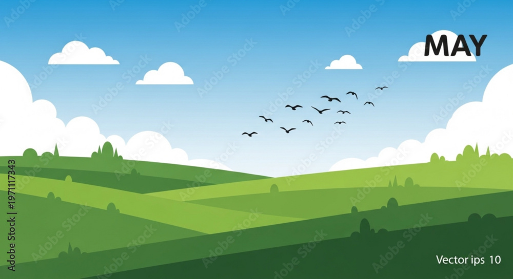 Fototapeta premium Serene landscape with rolling green hills blue sky white clouds and birds flying in formation during springtime