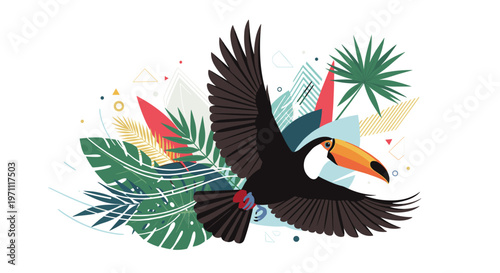 Vibrant illustration of a toucan flying in front of an abstract arrangement of colorful tropical leaves and geometric shapes.