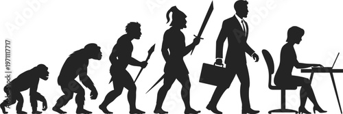 Human evolution silhouette, from ape to primitive caveman, ancient warrior to modern businessman, woman working on laptop computer vector illustration.