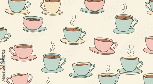 Pastel coffee cups, tea cups, ceramic mugs, seamless pattern, vector illustration