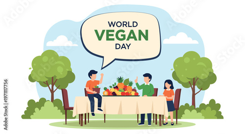Diverse group of children celebrates world vegan day while gathered around a table overflowing with fresh and healthy fruits.