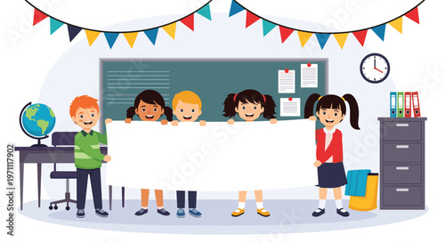 Group of diverse elementary school students stands in a classroom holding up a large blank white banner for your custom text.