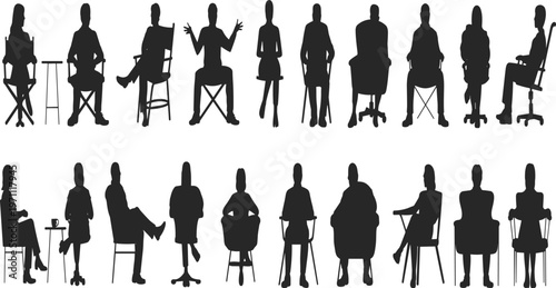 People sitting silhouettes collection, business characters seated poses, office workers isolated, interview panel figures, professional team sitting, corporate lifestyle concept