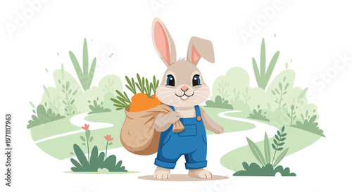 Adorable bunny rabbit dressed in blue overalls walks along a forest path while carrying a heavy sack full of fresh carrots.