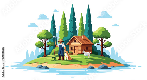 Content farmer stands with his loyal dog and a white goat on a small green island featuring a cozy log cabin and trees.