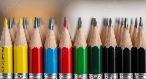 Vibrant colored pencils arranged in a row on a blurred background for art and creativity concepts