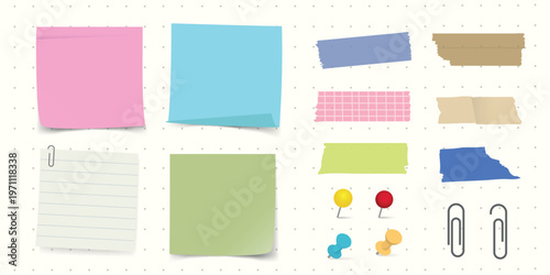 Collection of colorful sticky notes, paper clips, and push pins. Sticky notes in pink, blue, green. Paper clips and push pins in various colors. Office supplies. Stationery element vector set.