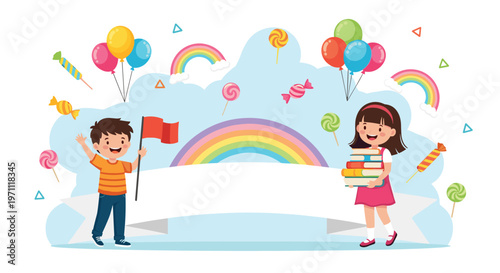 Two happy children celebrate with balloons, rainbows, and candies while standing next to a large blank banner for your text.