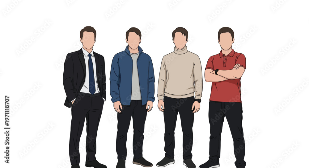 Obraz premium Four men standing in different casual and formal outfits and poses illustration