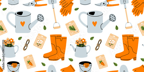 Vector seamless gardening pattern with cute tools and accessories on white background. Kawaii farm agriculture seamless print for spring garden fabric, wrapping paper and eco lifestyle design.