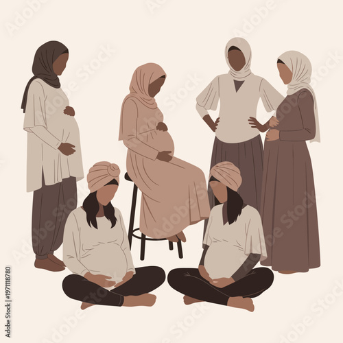 Diverse pregnant women and companions gathering.