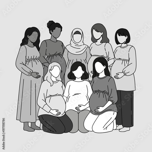 Diverse pregnant women group illustration.