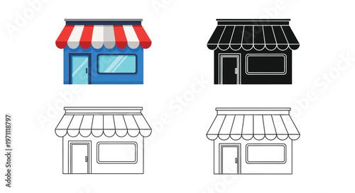 Vector graphic illustrations of various storefront designs with awnings and windows