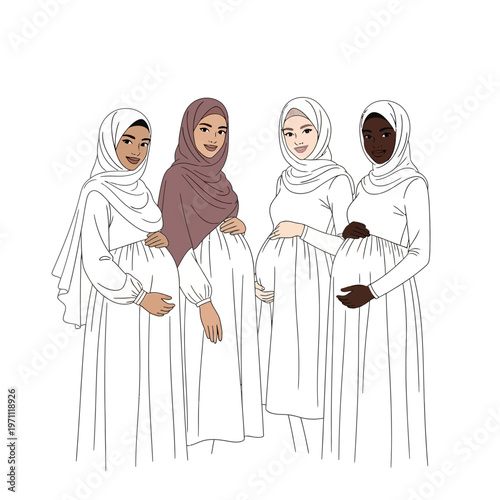 Four pregnant women wearing headscarves together.