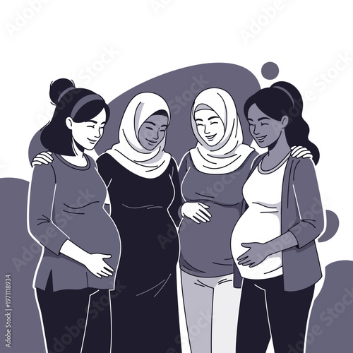 Four pregnant women wearing headscarves together.