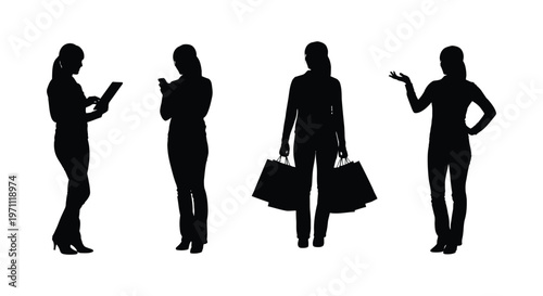 Silhouette illustration of women in various poses with shopping bags and devices