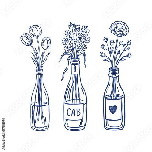 Collection of three hand-drawn whimsical doodle illustrations with wine bottles as vases for flowers