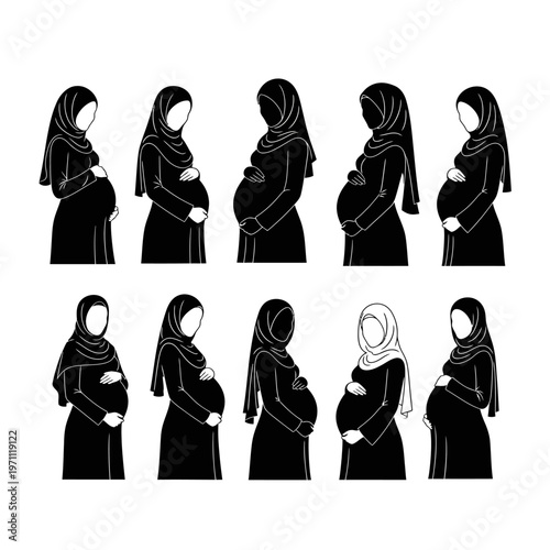 Pregnant Muslim Women in Hijab Silhouettes.