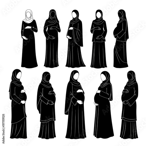 Pregnant Muslim Women in Hijab Silhouettes.