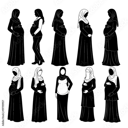 Pregnant Muslim Women in Hijab Silhouettes.