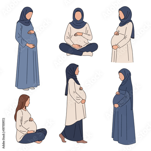 Pregnant Muslim Women in Various Poses.