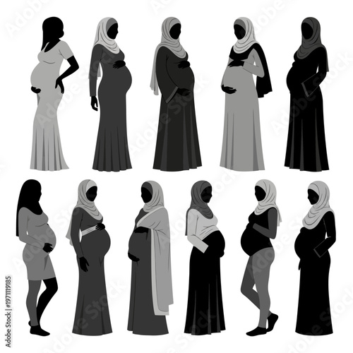 Pregnant Muslim Women in Various Poses.