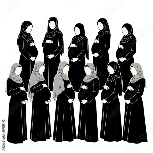 Pregnant Muslim Women in Hijab Standing.