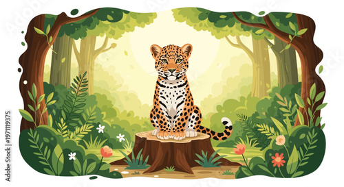 Majestic leopard sits regally on a tree stump in a lush green forest clearing surrounded by plants and wildflowers.