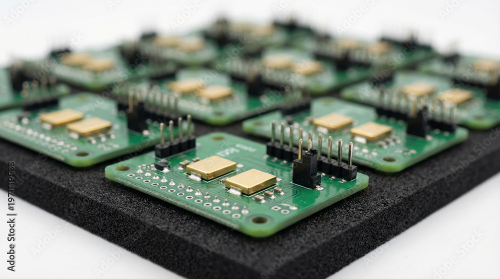 Obraz premium Micro circuit board factory production layout on foam base macro detail technology precision