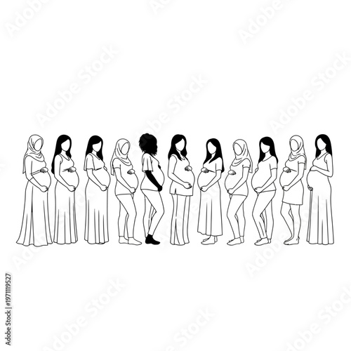 Pregnant women in various poses line.