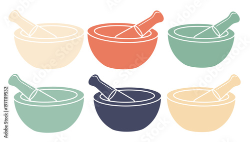 乳鉢と乳棒のカラフルなセット、伝統的な薬局や料理の道具、ハーブやスパイスをすり潰すためのシンプルなベクターイラスト素材