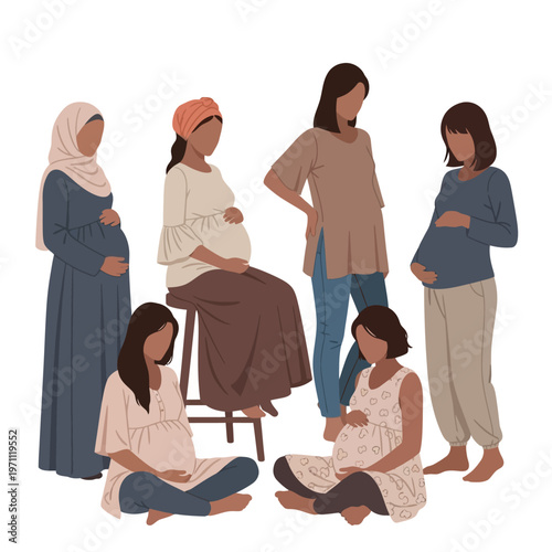 Pregnant women in various poses together.