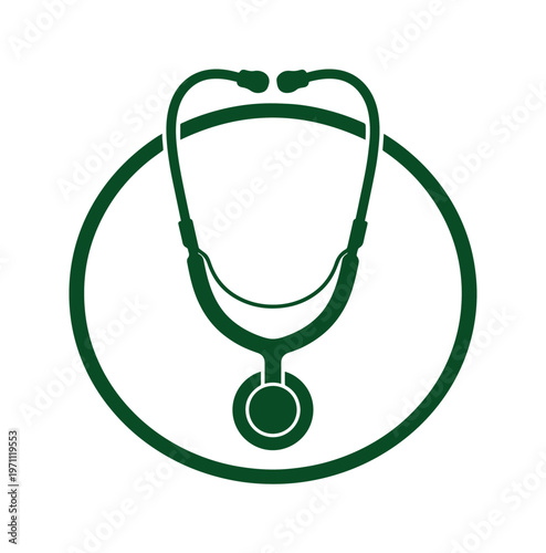 医療と健康のシンボル、聴診器の緑色ベクターアイコン。病院、クリニック、健康診断、医療従事者向けのシンプルなイラスト素材。