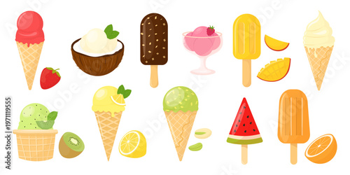 Bright fruit ice cream vector set with popsicles, cones, gelato and fresh fruits. Colorful summer dessert collection perfect for menus, packaging and seasonal design.